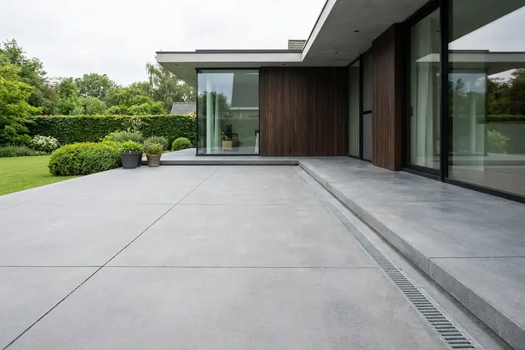Terrasse en béton lissé gris clair devant une maison, surface continue et joints de retrait sciés